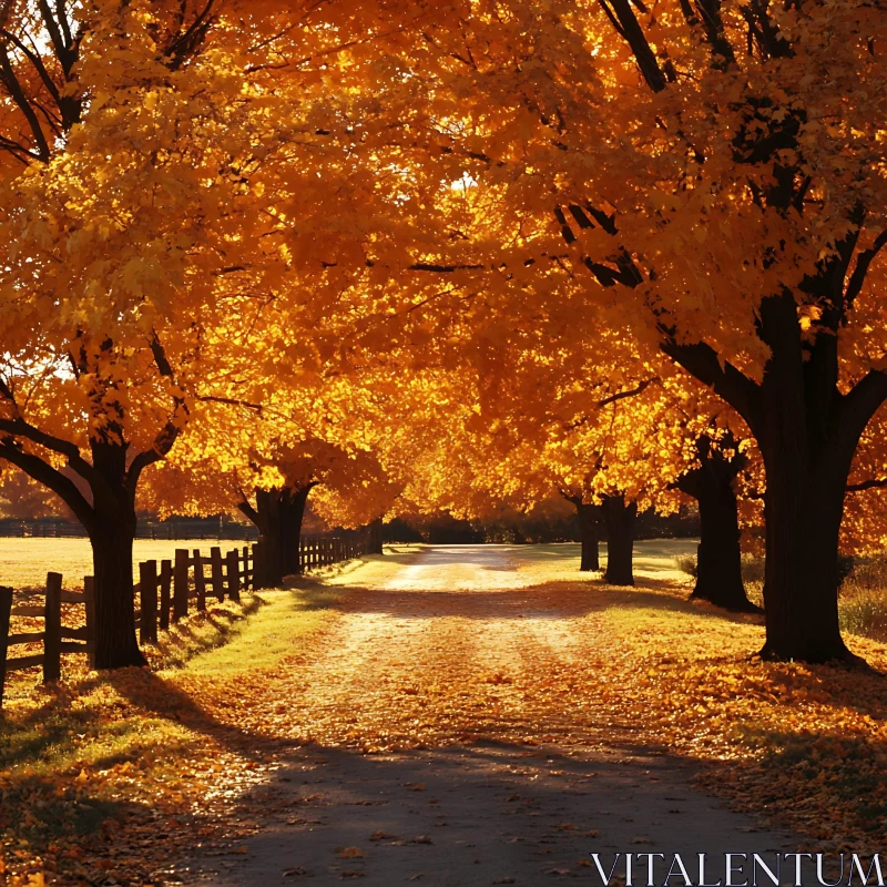 Autumnal Road with Golden Foliage