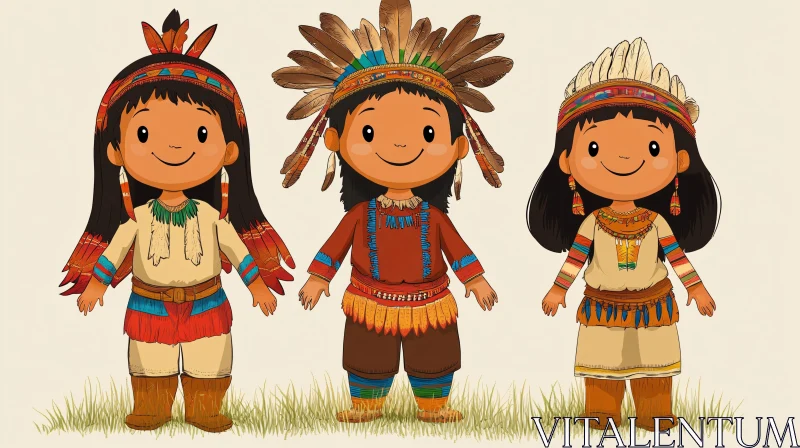Cartoon Native American Kids in Traditional Dress