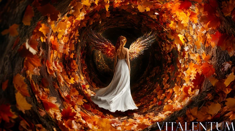 Winged Woman in Fall Foliage Tunnel