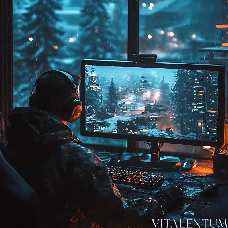 Gaming in a Cozy Room Overlooking Snowy Scenery