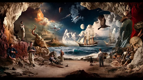 Dreamlike Beach Scene with Fantasy Elements