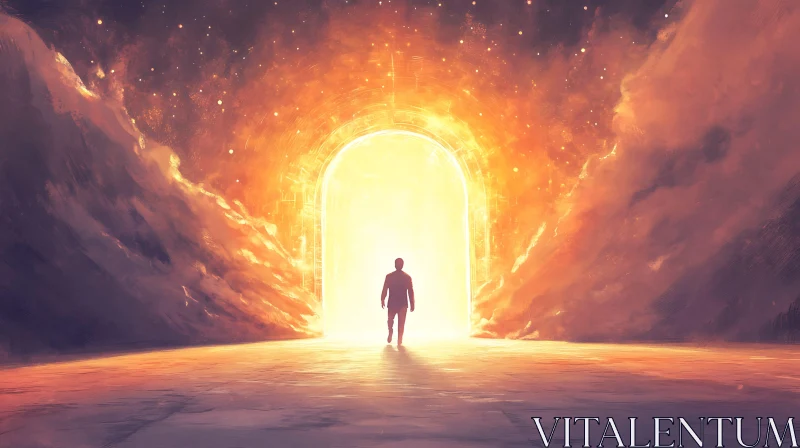 Silhouette Entering Luminous Gateway Painting