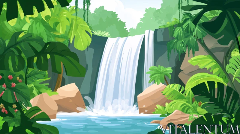 Serene Waterfall Amidst Lush Tropical Plants