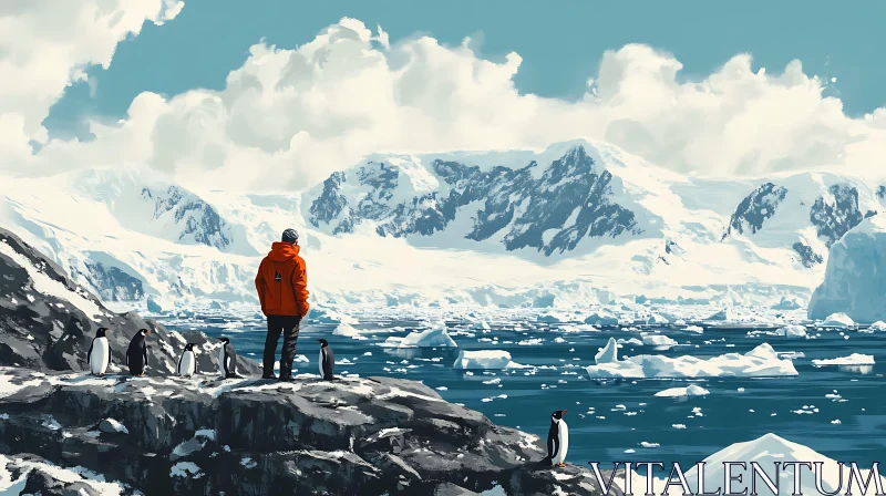 Antarctic Vista with Penguins and Observer