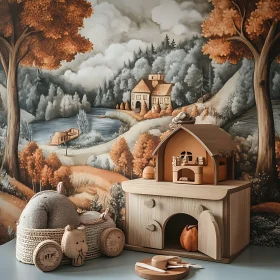 Rustic Toy House with Painted Backdrop