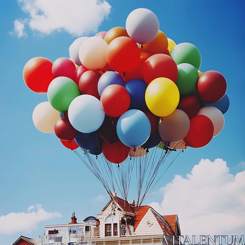 Whimsical Balloon House Floating in the Sky