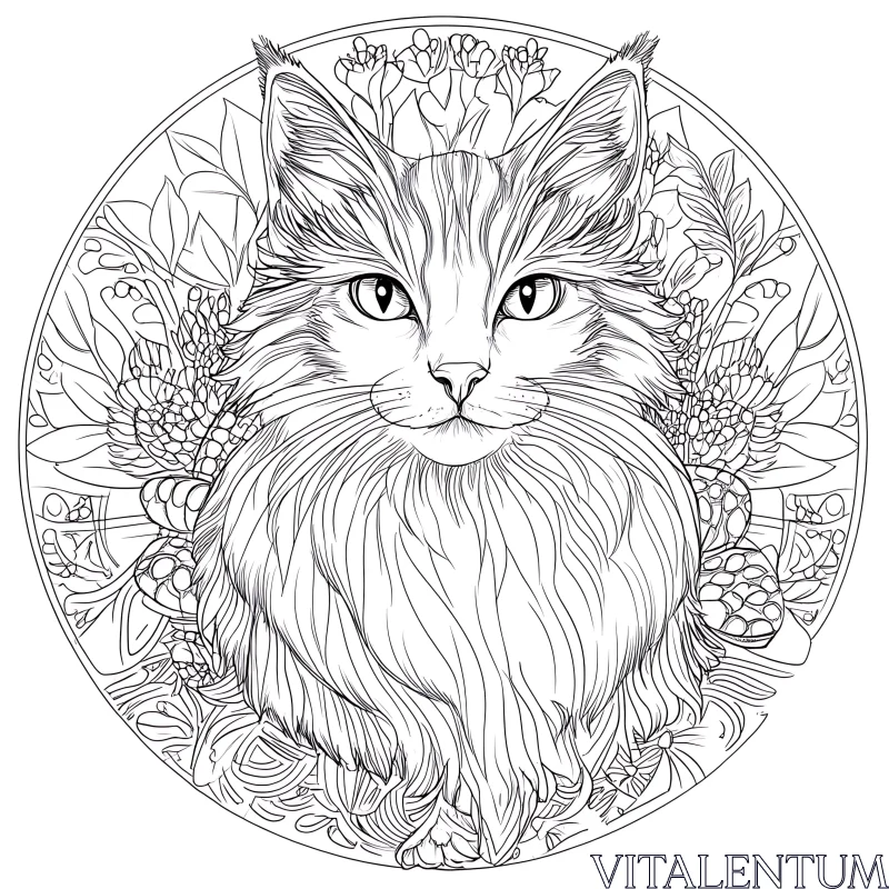 Cat with Floral Background Line Art Drawing