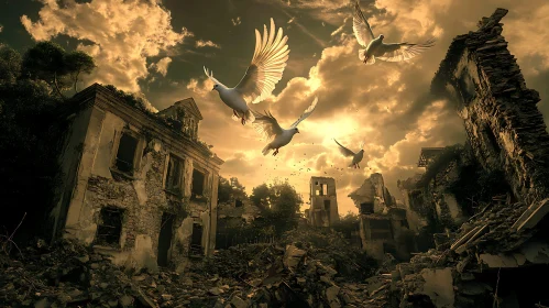 Doves of Peace in a Destroyed City