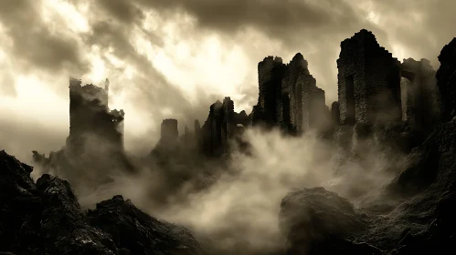 Fog-Kissed Ruins: A Sepia Dreamscape