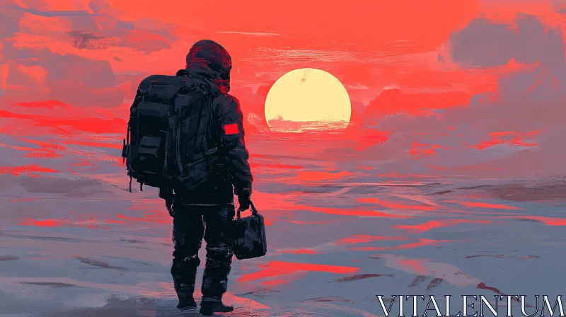 Man with Backpack Against Sunset