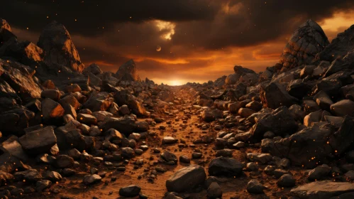 Alien Landscape with Volcanic Eruption and Desert