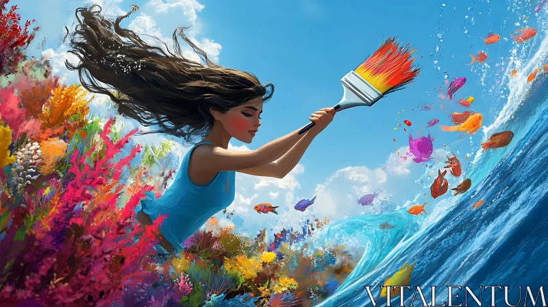 Ocean Painting with Woman and Brush