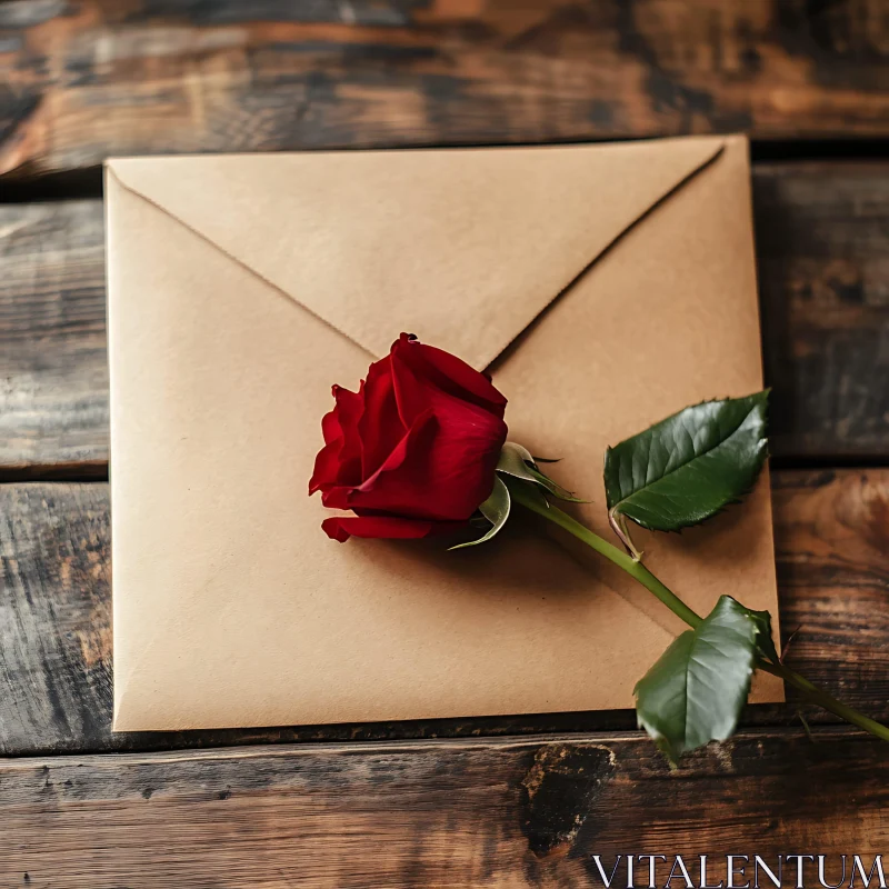 Red Rose and Kraft Envelope on Wood