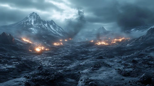 Burning Mountains Under Cloudy Sky