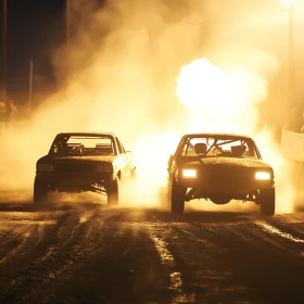 Off-Road Cars Racing Through Smoky Arena