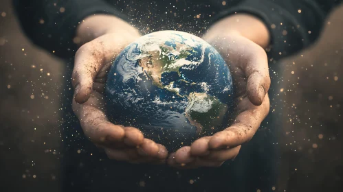 Hands Holding Earth with Sparkling Lights