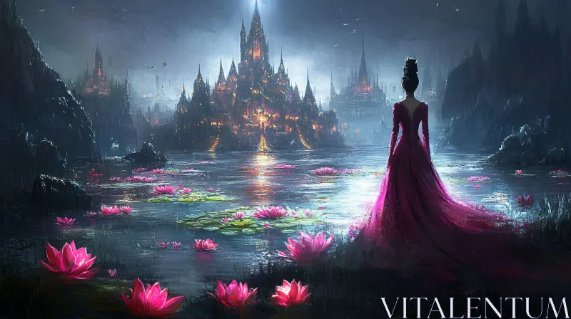 Woman Gazing at Fairytale Castle Painting