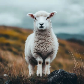 White Sheep Standing on Rocky Hill