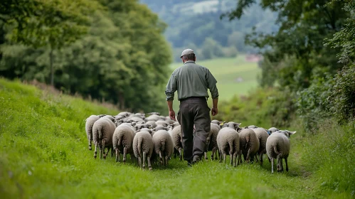 Rural Shepherd Guiding Sheep Flock