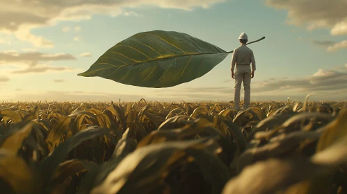 Man in Field with Oversized Leaf