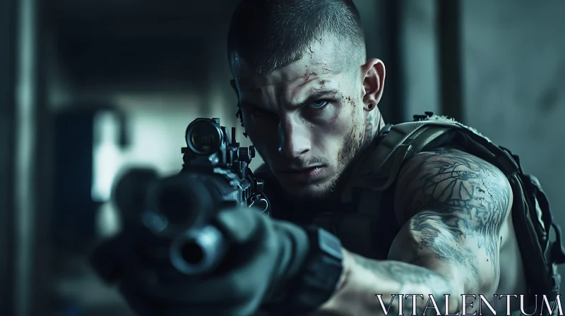 Tattooed Warrior Aiming Gun