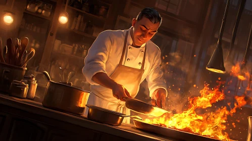 Professional Chef Cooking with Flames in a Restaurant Kitchen
