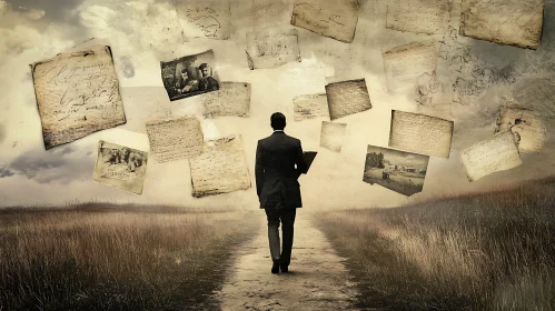 Sepia-Toned Man Walking with Floating Documents