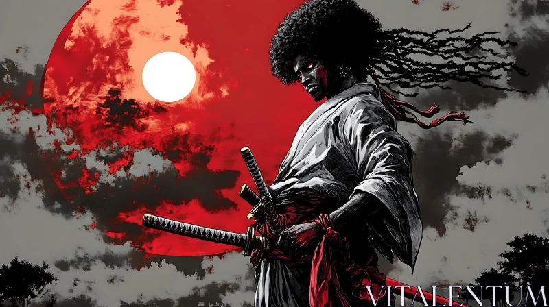 Warrior with swords in front of the sun