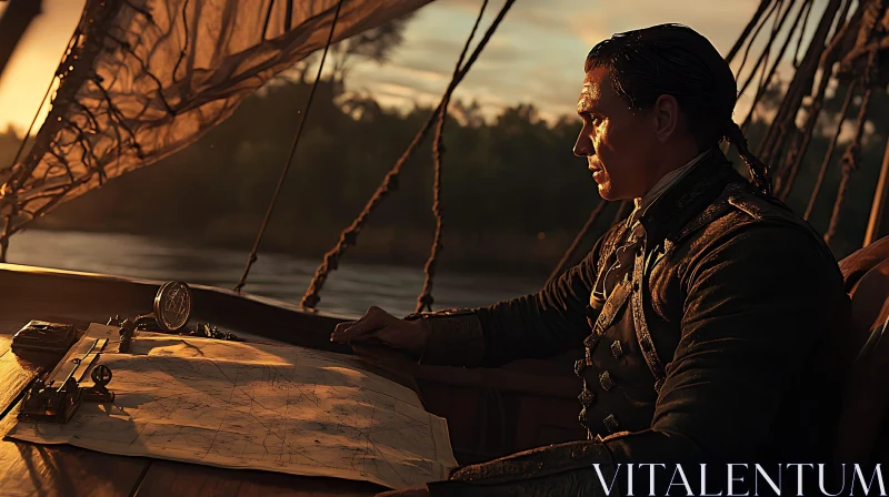 Contemplative Navigator on Sailing Vessel