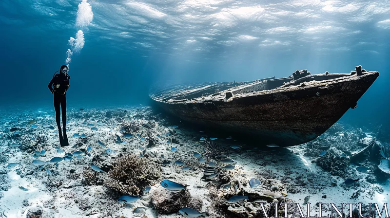 Diver and Shipwreck Underwater
