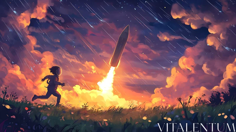 Rocket Launch with Running Astronaut Child