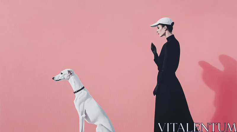 Stylish Woman with Dog in Pink Setting