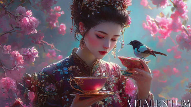 Serene Woman with Bird in Floral Setting