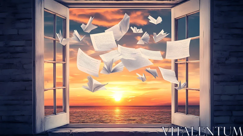 Sunset Sea View with Flying Papers