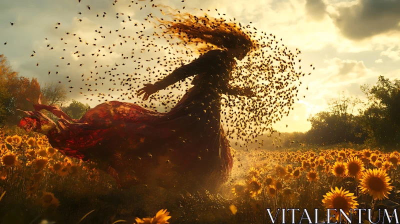 Sunset Silhouette in Sunflower Landscape