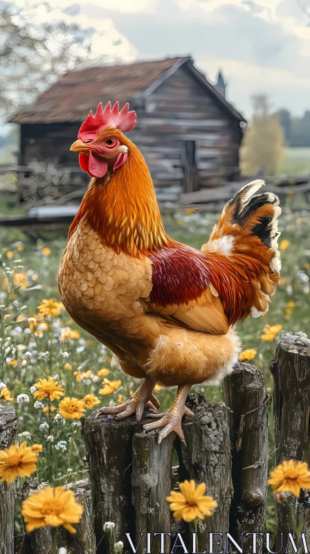 Rooster and Barn in Flower Field