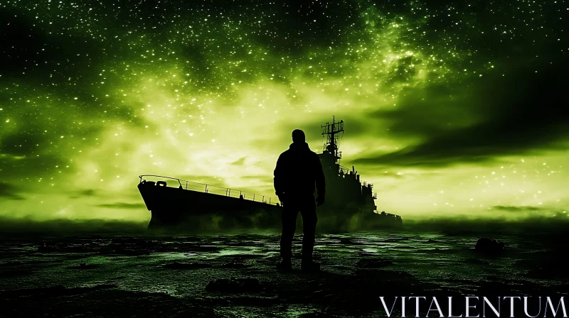 Lone Figure by Ship at Night