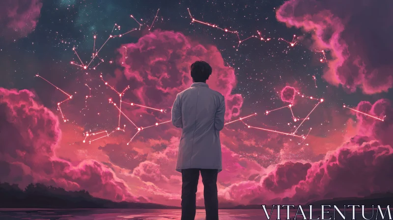 Man Stargazing Among Pink Clouds