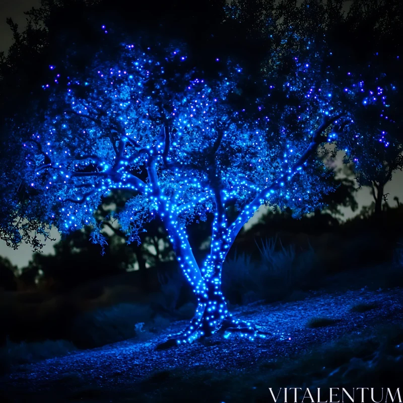 Blue Light Tree at Night