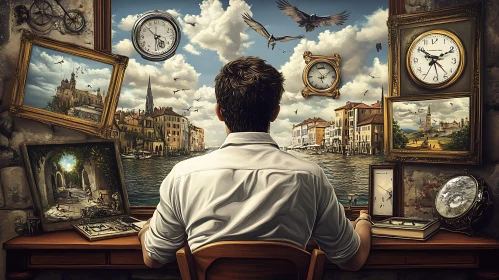 Man at Desk: Surreal City View