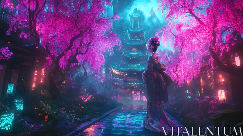 Japanese Garden with Geisha and Pagoda