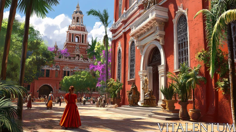 Woman in Red Dress Before Architecture