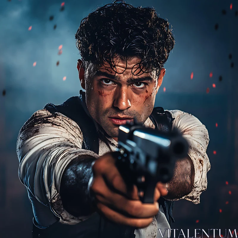 Determined Man Aims Gun in Smoky Scene