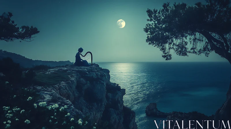 Cliffside Harpist Under Moonlight