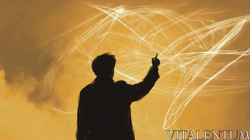 Man Pointing at Abstract Light Art