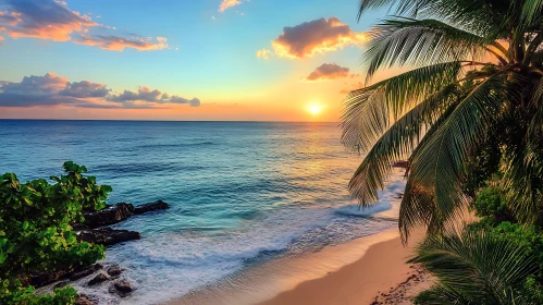 Tranquil Ocean View with Palm Trees at Sunset