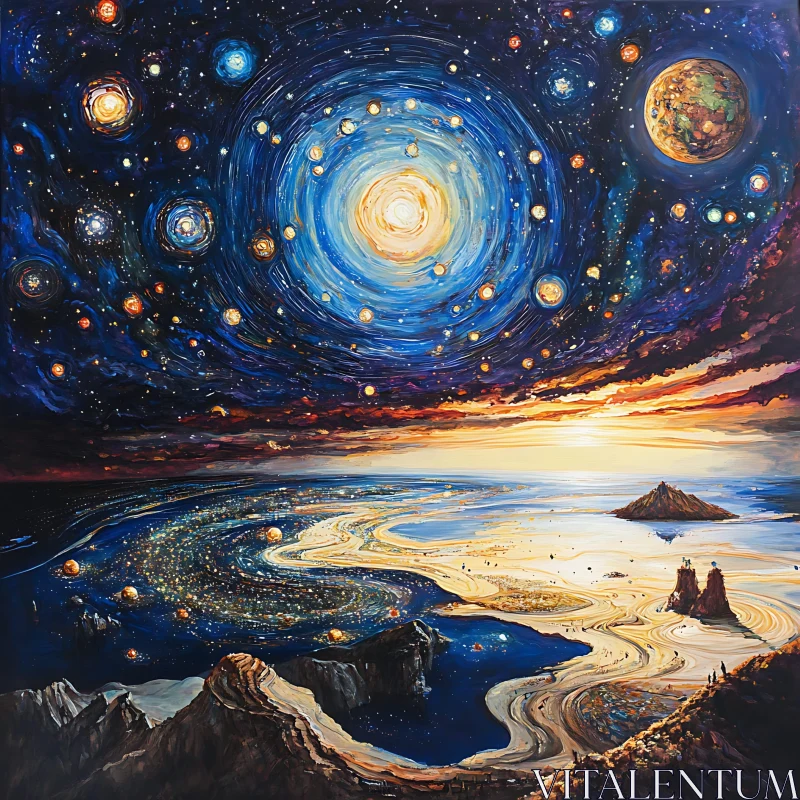 Celestial Beach Under Swirling Starry Night