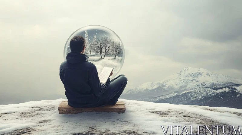 Man Reading Book in Winter Landscape