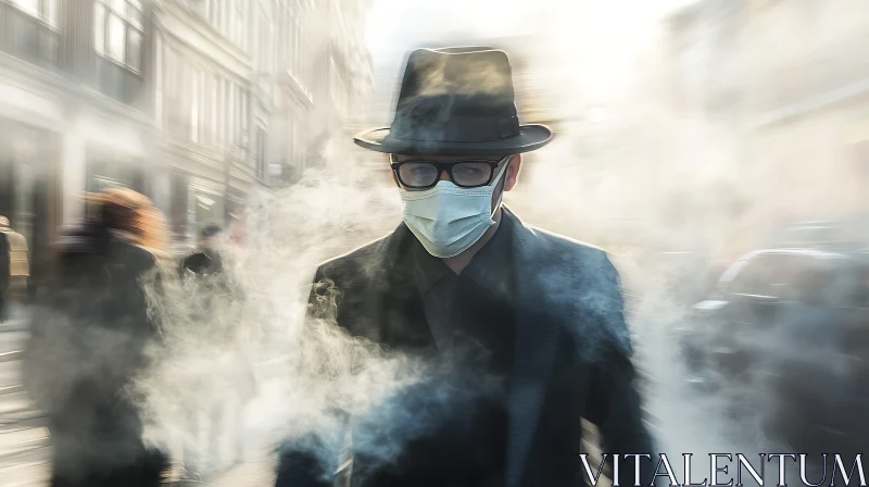 Urban Haze: Masked Figure in Motion