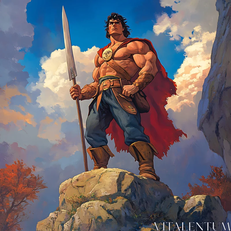 Spear-Wielding Warrior on a Rocky Outcrop